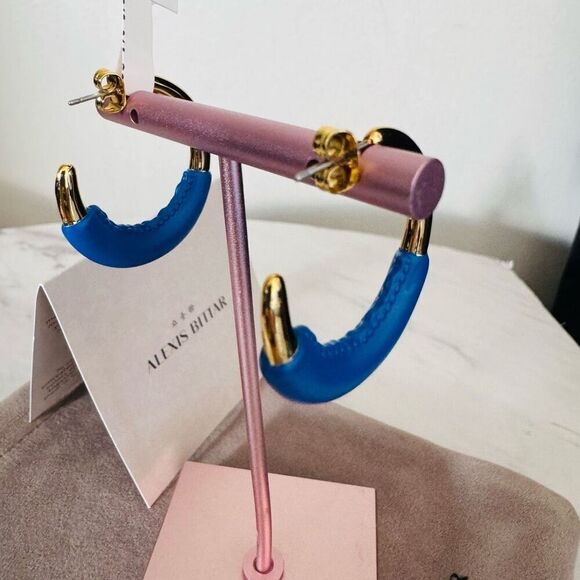 Alexis Bittar Retro Memphis 14K Yellow Goldplated Half-Hoop Earrings,‎ Blue, NWT - Picture 5 of 16